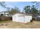 Detached white garage with a gable roof, set in a spacious backyard with trees and partial fencing at 412 E Pharr Rd, Decatur, GA 30030