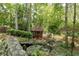 Scenic view of a gazebo nestled among trees, with a rock-lined creek and lush landscaping at 4500 Candacraig, Alpharetta, GA 30022