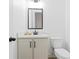 Powder room features marble countertops, a sleek black faucet, and neutral-tone cabinetry with a framed mirror at 472 Price Rd, Carrollton, GA 30116