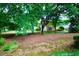 View of the backyard, which includes some grass, trees, shrubs and a small section of the home at 5065 Avalon Dr, Alpharetta, GA 30005