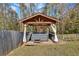 Backyard wooden spa cabana features a built in hot tub for relaxing and entertaining at 3890 Pleasant Woods Dr, Cumming, GA 30028