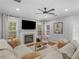 Comfortable living room with fireplace, large TV, recessed lighting, and hardwood flooring at 144 Wyckliffe Dr, Locust Grove, GA 30248