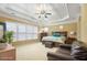 Spacious main bedroom featuring a tray ceiling, fan, large windows, and plush carpet at 3162 Abbey Sw Dr, Atlanta, GA 30331