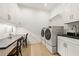 Functional laundry room with a desk, upper and lower cabinets, and a modern washer and dryer at 5060 Lake Forrest Dr, Atlanta, GA 30342
