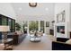 Living room with vaulted ceilings, fireplace, and large windows overlooking the backyard at 4895 Lansbury Dr, Atlanta, GA 30342
