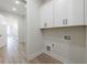 Laundry room featuring white cabinets for storage over light colored flooring at 158 South Village Ave, Holly Springs, GA 30115