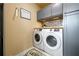 A modern laundry room with gray cabinetry, mosaic backsplash, and new washer and dryer at 411 Ridgeway Ln, Canton, GA 30114