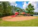 A fun community playground with colorful equipment and a soft mulch ground cover in a vibrant green area at 411 Ridgeway Ln, Canton, GA 30114