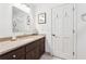 Bathroom featuring dark wood vanity with granite countertop, modern faucet fixtures, and neutral paint at 2080 Silversmith Ln, Stone Mountain, GA 30087