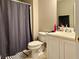 Well-maintained bathroom featuring a shower with a curtain, a toilet, and a vanity with storage at 46 Darbys Crossing Ct, Hiram, GA 30141