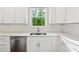 Kitchen with white cabinets and stainless steel dishwasher and a view of the backyard at 8023 White Stone Blvd, Douglasville, GA 30135
