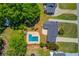 Aerial view of home with pool, yard, shed, and surrounding neighborhood at 3625 Knoll Crest Trl, Buford, GA 30519