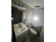 A dated bathroom featuring a toilet, vanity, and mirror, showing a basic setup at 4707 Mariners Way, Stone Mountain, GA 30083