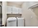 Laundry room with white front-loading washer and dryer, and white cabinets at 1525 Thomas Rd, Canton, GA 30115