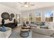 Living room with hardwood floors, light gray sofa, and three bright windows at 1857 Kingsmere Run Dr, Loganville, GA 30052
