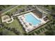 Bird's eye view of community pool area with tables, chairs, umbrellas, playground, and ample parking at 8597 Secretariat Dr, Lithonia, GA 30058