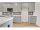 Modern kitchen with gray cabinets, quartz countertops, tiled backsplash, and stainless steel appliances at 3085 Jackson St, Hapeville, GA 30354