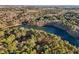 Breathtaking aerial view of a secluded lake house nestled among lush trees at 2513 Overlake Ln, Stockbridge, GA 30281