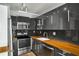 Modern kitchen features stainless steel appliances, sleek gray cabinets, and beautiful wood countertops at 199 14Th Ne St # 2407, Atlanta, GA 30309