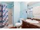 Bathroom with a shower, toilet, vanity with dark wood cabinetry, and blue walls at 1042 Wedgewood Ct, Conyers, GA 30012