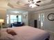 Spacious main bedroom with tray ceilings, large windows and a glimpse into the ensuite bathroom at 132 Hammond Dr, Canton, GA 30114