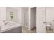 Bathroom with double sinks, shower, toilet, and a window at 8590 Secretariat Dr, Lithonia, GA 30058