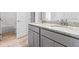 Bathroom showcasing double sinks with granite countertops and modern gray cabinets at 738 Great Oak Pl, Villa Rica, GA 30180