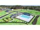 Aerial view of a community pool area with a playground, covered seating, parking, and new construction homes at 8603 Secretariat Dr, Lithonia, GA 30058