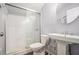 This renovated bathroom features modern fixtures and a tiled shower at 4981 Crowe Se Dr, Smyrna, GA 30082
