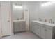 Bathroom featuring a double vanity with gray cabinets, white countertops, and modern lighting fixtures at 4569 Campenille Trce, Suwanee, GA 30024