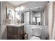 Bright bathroom with a modern vanity, fixtures, decor and a light shower curtain at 101 Fair Haven Se Way, Smyrna, GA 30080