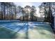 Community tennis court surrounded by tall trees and an enclosed fence at 101 Fair Haven Se Way, Smyrna, GA 30080