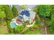 Aerial view of a private backyard with a pool, patio, manicured lawn, and solar panels on the roof at 1250 Rosette Way, Marietta, GA 30062