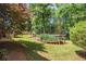 Lush backyard featuring mature trees, a cozy shed, and water garden, creating a peaceful and private oasis at 4352 Treeline Way, Douglasville, GA 30135