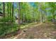 Secluded backyard with mature trees, green grass, and a small foot bridge at 4352 Treeline Way, Douglasville, GA 30135