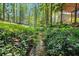 Picturesque backyard stream with lush foliage and wooden bridge, creating a serene and natural setting at 4352 Treeline Way, Douglasville, GA 30135