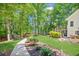 A lush backyard with a walkway and professional landscaping, with trees and a lake view at 7530 Heard Rd, Cumming, GA 30041