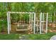 Backyard play structure with swing and climbing area, surrounded by lush greenery and mature trees at 7530 Heard Rd, Cumming, GA 30041