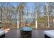 Inviting outdoor deck space with a stone fire pit and picturesque views of the lake surrounded by trees at 7530 Heard Rd, Cumming, GA 30041