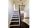 Dark wood staircase with white risers and black metal railing at 4316 Waxwing St, Hoschton, GA 30548