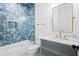 Stylish bathroom with a blue tiled shower and modern vanity at 4132 Carmain Ne Dr, Atlanta, GA 30342
