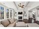 Cozy living room featuring fireplace, built-in shelves, fan and many windows to let the light in at 4520 Valence Dr, Cumming, GA 30040