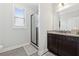 Bathroom featuring a glass-enclosed shower, granite countertops, a sink, and a modern vanity at 102 Glenmill Way, Woodstock, GA 30188