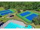 Aerial view showcasing community amenities including swimming pool and well-maintained tennis courts at 1755 Riverpark Dr, Dacula, GA 30019