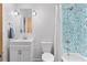 Bright bathroom with a vanity, toilet, and a shower/tub combination featuring blue mosaic tiles at 964 Dekalb Ne Ave # 112, Atlanta, GA 30307