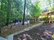 This backyard features a beautiful pool and is surrounded by lush trees at 7440 Princeton Trce, Sandy Springs, GA 30328