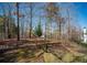 Secluded backyard area featuring a fire pit, mature trees, and wooded surroundings at 6195 Mountainwell Dr, Roswell, GA 30075