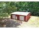 Aerial view of an outbuilding with two garage doors, nestled among the trees at 616 Rich Davis Rd, Hiram, GA 30141