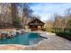 Beautiful in-ground pool with waterfall and stone features, surrounded by lush landscaping at 4755 Columns Se Dr, Marietta, GA 30067
