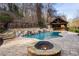 Resort-style pool area with waterfall features, outdoor kitchen, and fire pit at 4755 Columns Se Dr, Marietta, GA 30067